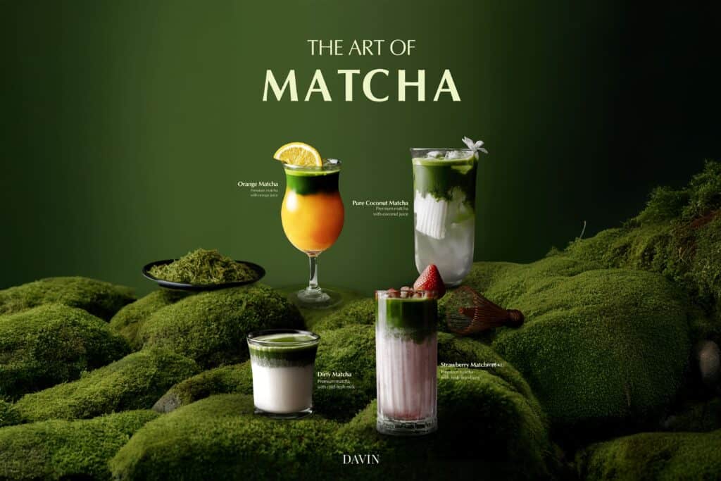 A promotional photo titled "The Art of Matcha" showing four specialty drinks arranged in an earthy setting of green moss and rocks.