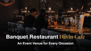 Promotional graphic for Davin Cafe's banquet restaurant, highlighting the venue's suitability for every event occasion, featuring the stylish bar counter.