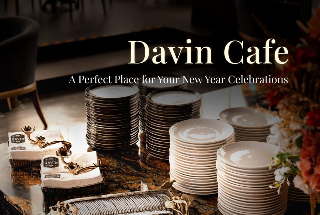 Davin Cafe presented as a New Year catering venue, offering an elegant setting for end-of-year celebrations and corporate festive events