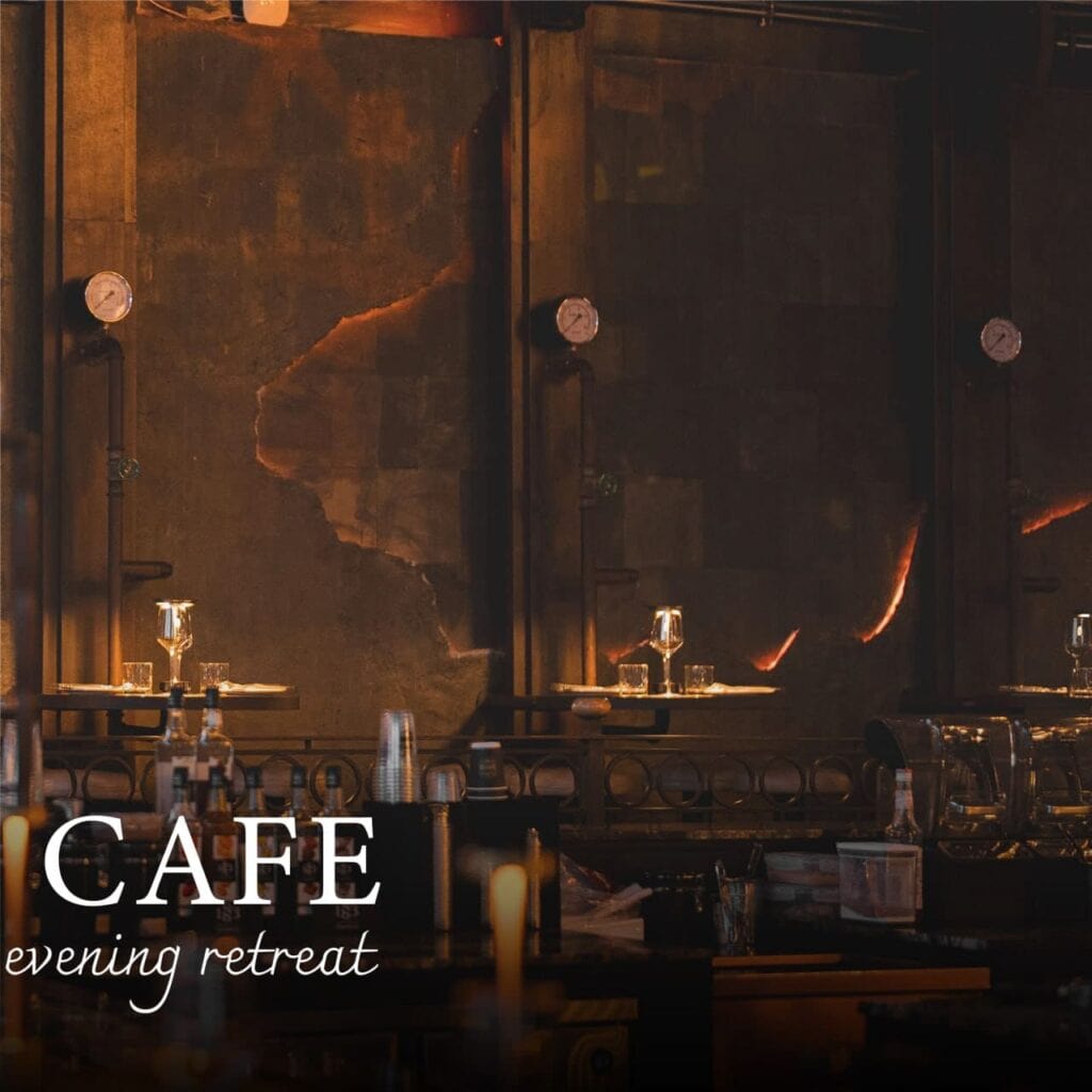 บรรยากาศภายในร้าน Davin Cafe ยามเย็น แสงไฟโทนอุ่นสะท้อนผนังสไตล์อินดัสเทรียล พร้อมโต๊ะไวน์และบาร์เครื่องดื่ม สื่อภาพลักษณ์ของ bakery bangkok ที่ผสานความละเมียดของขนมอบกับประสบการณ์ดินเนอร์สุดผ่อนคลาย