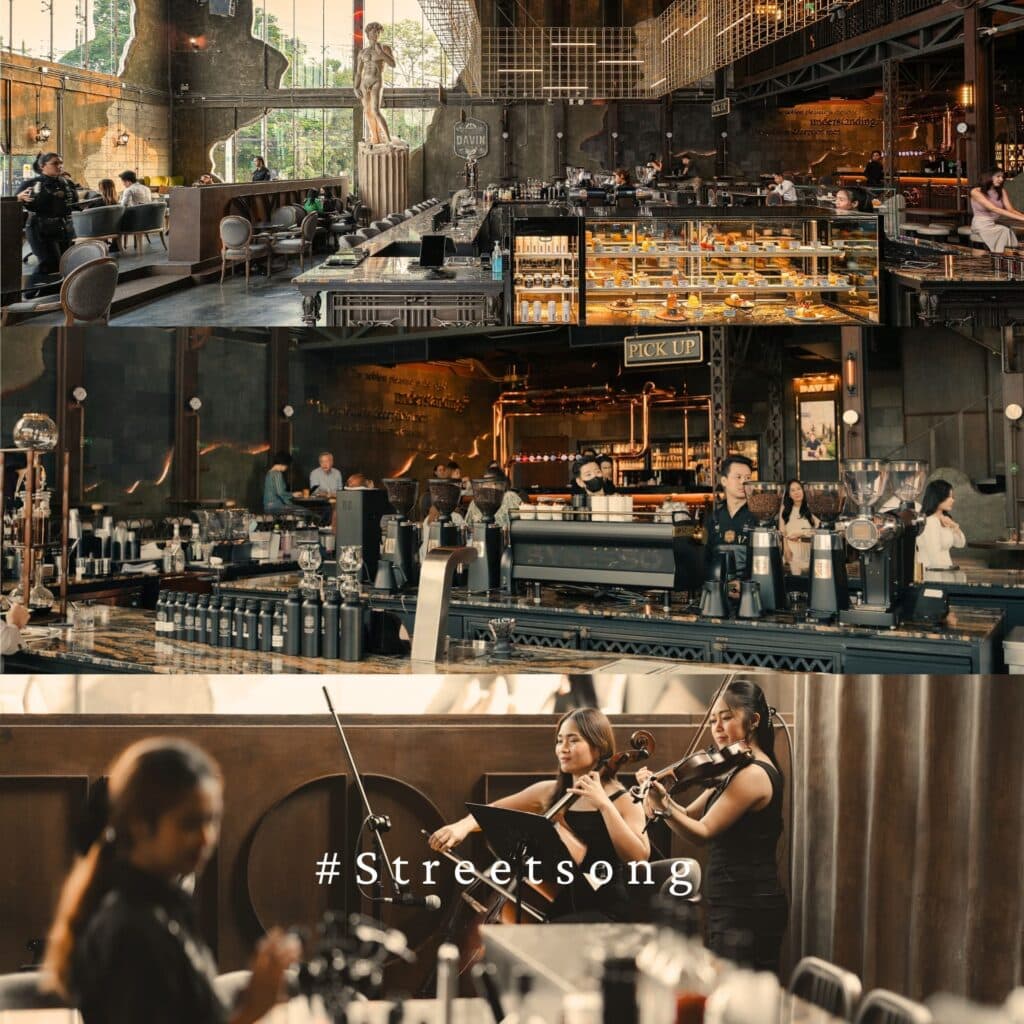 Interior scene at Davin Cafe on Pradit Manutham Road featuring a specialty coffee bar, pastry display, and live music performance—an integrated dining and event venue in the Praditmanutham district offering a refined café and hospitality experience.