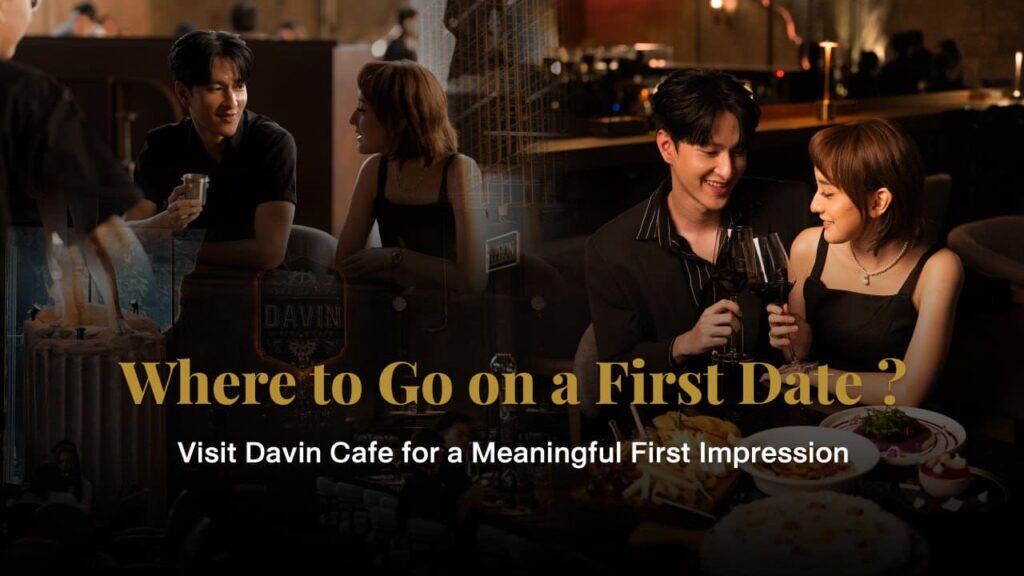 Hero image showing romantic cafe and dinner scenes for a first date guide, illustrating ideal places to go for a memorable first meeting