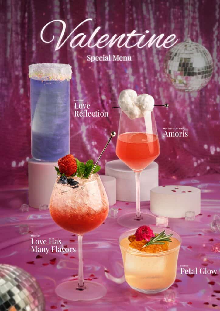 Happy Valentine Day romantic cocktail and mocktail special menu, designed for couples seeking a memorable Valentine’s Day drink experience