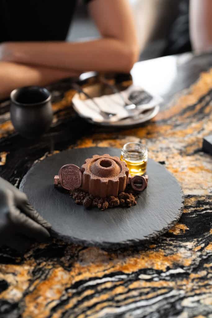 An artisan dessert served on Valentine’s Day, capturing an intimate moment through craftsmanship and thoughtful details