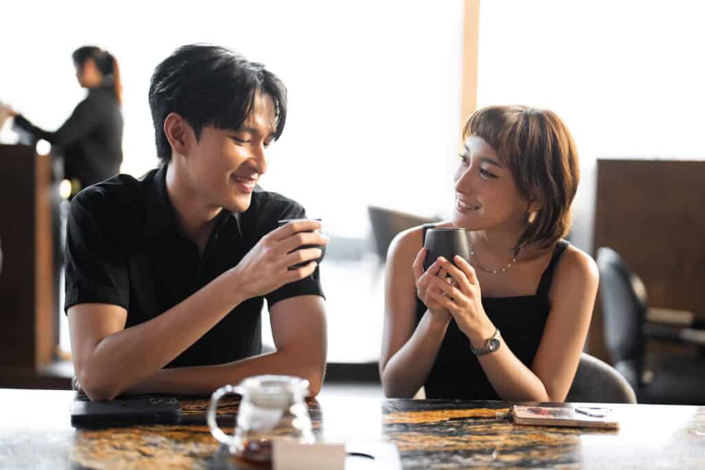 Valentine’s Day couple enjoying coffee together, sharing a warm and meaningful moment in a relaxed and intimate atmosphere