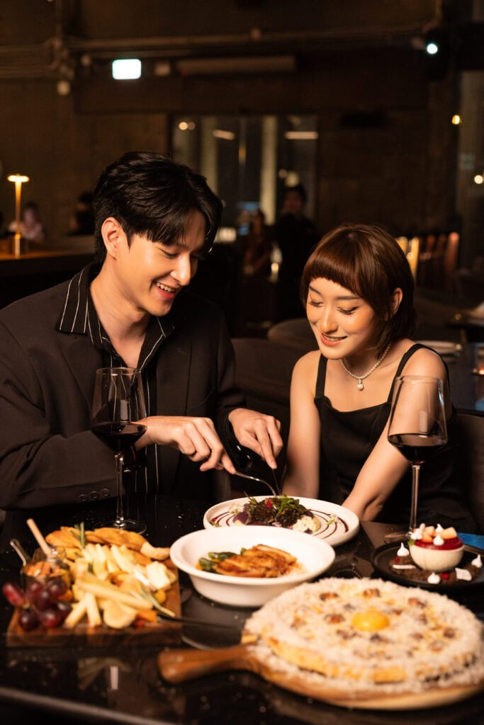 Valentine’s Day intimate dinner for a couple, sharing a warm and meaningful moment with fine dining, wine, and a cozy romantic atmosphere
