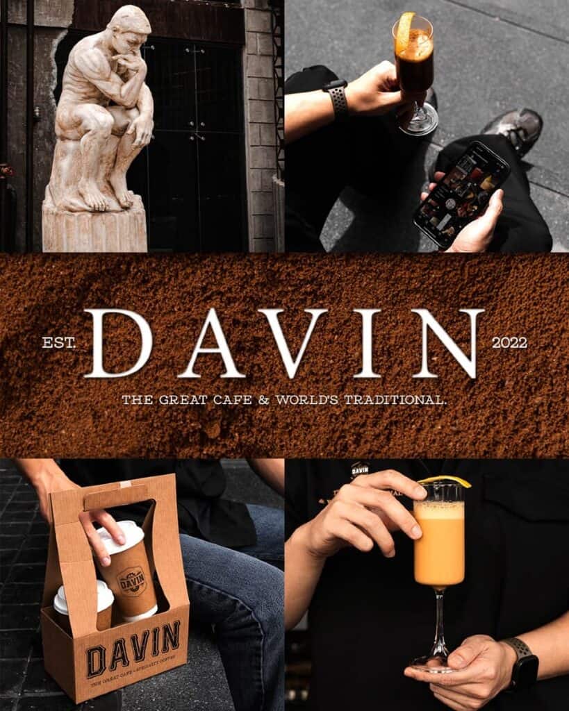 Visual collage showcasing the experience at Davin Cafe, a beautiful coffee shop in Bangkok featuring artistic café design, signature coffee and café-style cocktails, and branded takeaway coffee packaging that reflects a stylish specialty café culture.