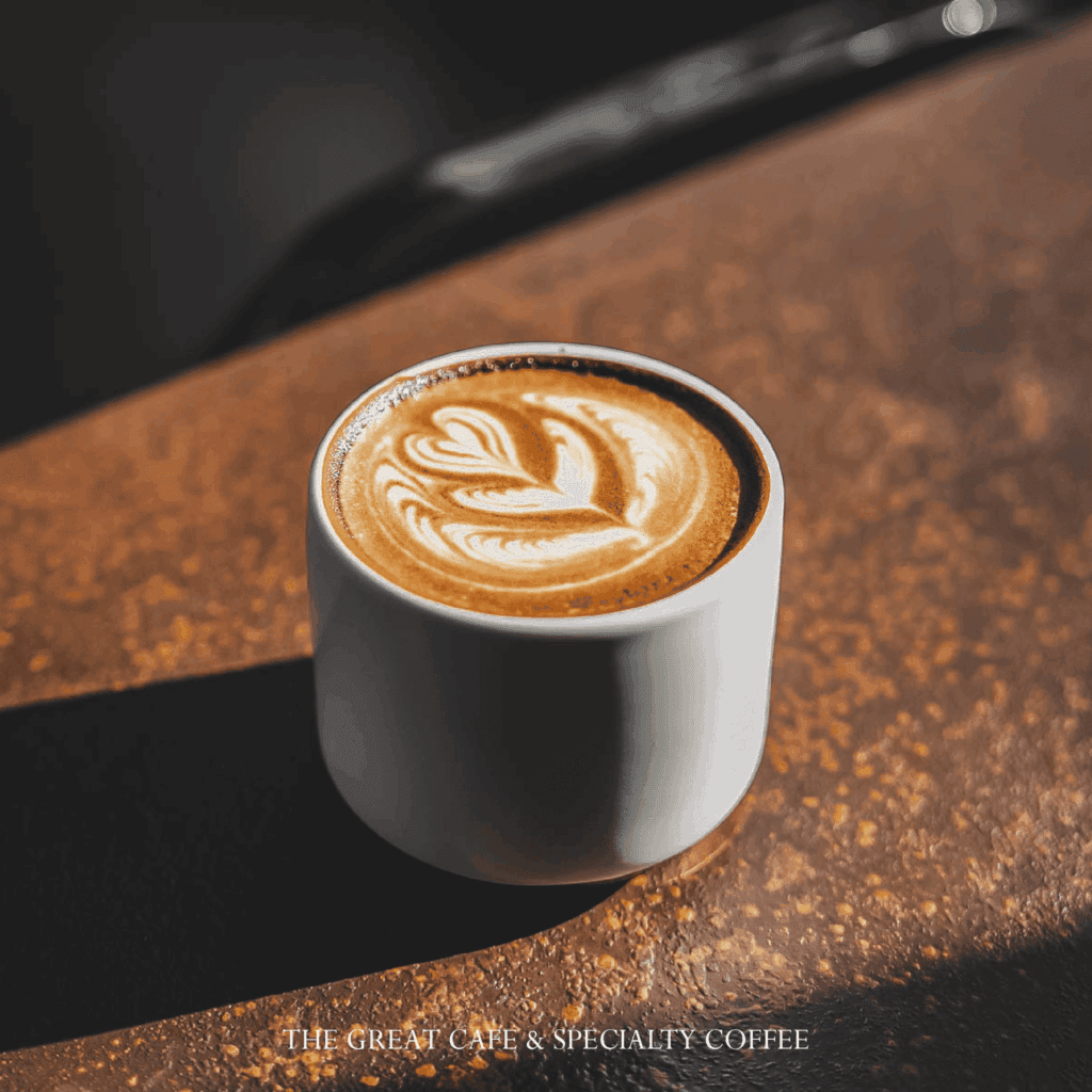 Latte art heart pattern on specialty latte coffee in a premium cafe showcasing barista latte art craft