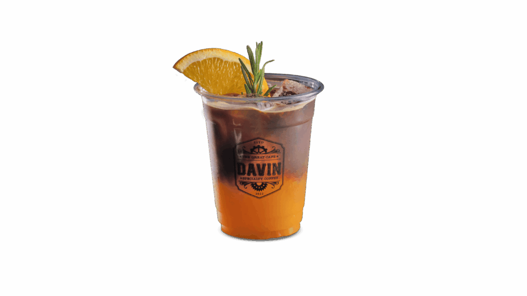 BLACK ORANGE at DAVIN CAFE coffee shop Bangkok featuring iced espresso with fresh orange juice, a refreshing citrus coffee signature drink in a trendy Bangkok coffee shop