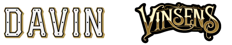 A side-by-side display of two distinct brand logos: on the left, the DAVIN logo in a bold, white and black collegiate-style font with gold trim, and on the right, the VINSENS logo in an elaborate, decorative gold vintage script.