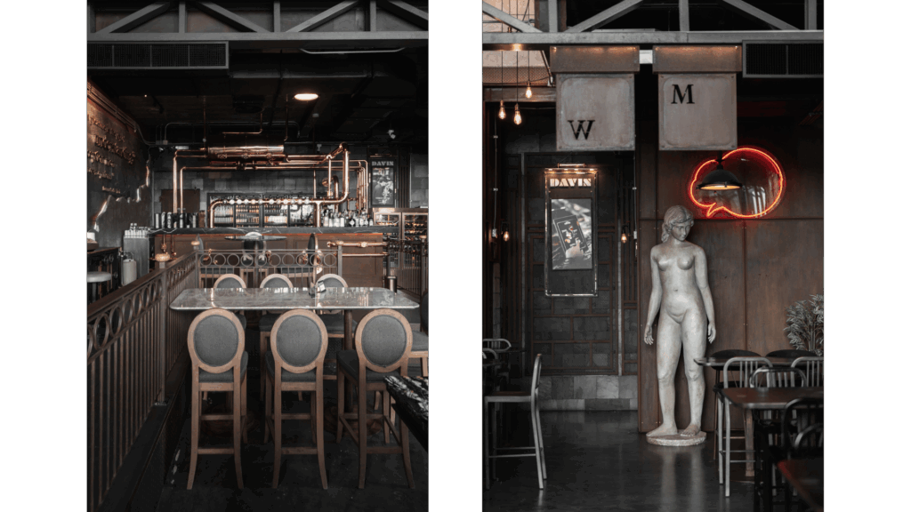 DAVIN CAFE สถานที่เช่าสำหรับถ่ายรูปสไตล์ Cafe Studio โดดเด่นด้วยโซนบาร์ industrial หรู พร้อมงานดีไซน์ศิลปะและไฟนีออน เหมาะสำหรับถ่ายภาพแฟชั่น คอนเทนต์ และโปรดักชันระดับมืออาชีพ