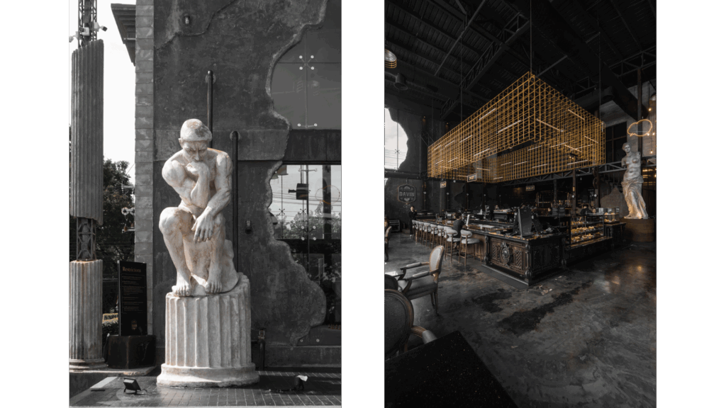 DAVIN CAFE premium cafe studio rental featuring industrial loft and classical sculpture architecture, ideal location for professional photoshoot and creative studio production