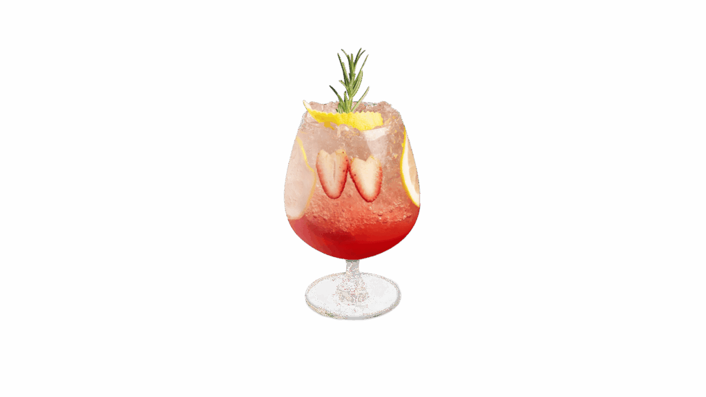 DREAM OF SUMMER mocktail at DAVIN CAFE, vibrant red strawberry and lemon sparkling mocktail with rosemary garnish, refreshing summer cafe drink, premium mocktail presentation