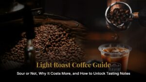 Close-up of roasted coffee beans and iced coffee at Davin Cafe, illustrating the journey of light roast coffee from bean to cup with a focus on extracting distinct tasting notes and flavor clarity