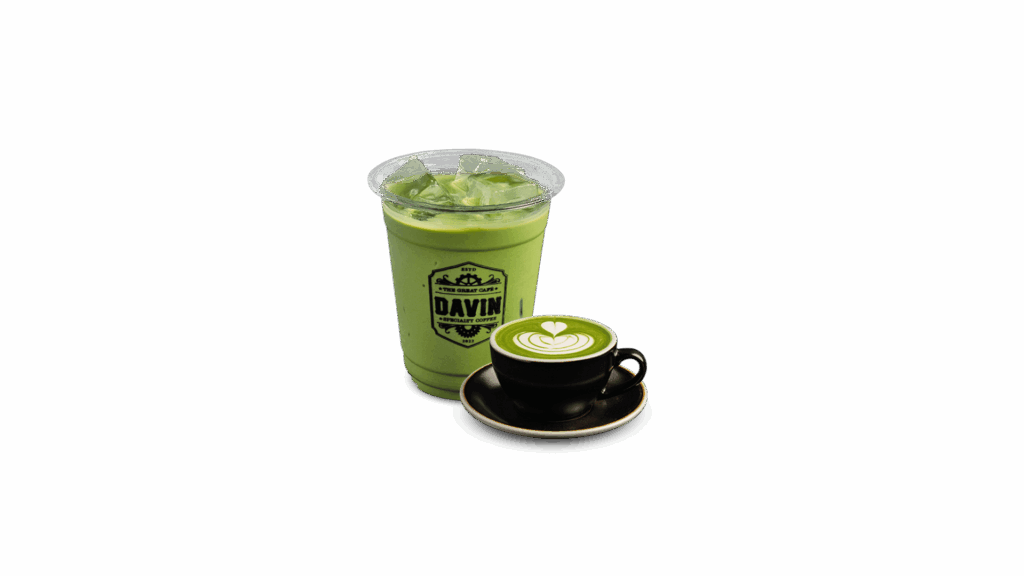 MATCHA LATTE at DAVIN CAFE, premium Japanese matcha green tea latte with creamy milk, rich smooth iced matcha drink for matcha lovers and cafe enthusiasts