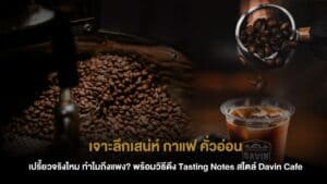 ถั่วกาแฟคั่วอ่อนในเครื่องคั่ว พร้อมแก้วกาแฟสดและเครื่องมือชงกาแฟจาก Davin Cafe.
