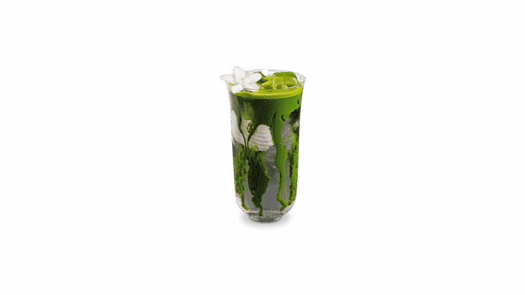 REAL COCONUT MATCHA at DAVIN CAFE, premium iced matcha with fresh coconut and coconut meat, vibrant green layered matcha drink, refreshing natural flavor in modern cafe style