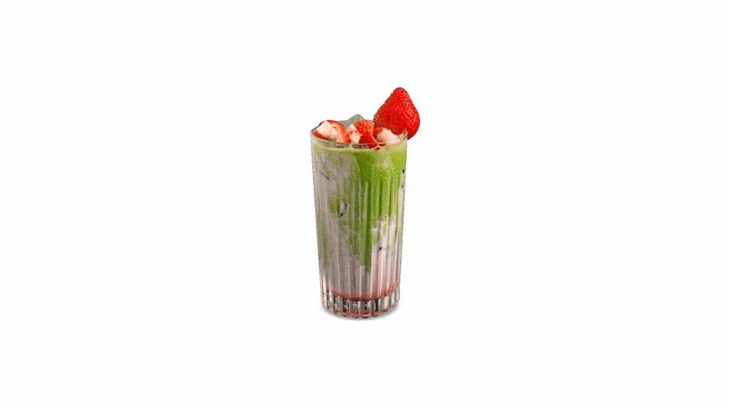 STRAWBERRY MATCHA at DAVIN CAFE, premium layered matcha with fresh strawberry, vibrant green and red contrast iced drink, refreshing sweet and tangy flavor, modern matcha cafe signature beverage