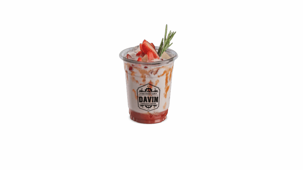 STRAWBERRY MILKY at DAVIN CAFE cafe, fresh strawberry milk drink with real strawberry pieces and creamy texture, sweet refreshing premium cafe beverage for fruit lovers