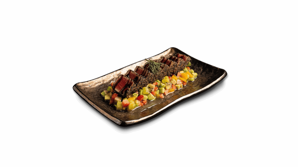 TUNA AVOCADO at DAVIN CAFE restaurant Bangkok featuring premium fresh tuna slices with creamy avocado and vibrant fruit salsa, a healthy fusion dish in a top Bangkok restaurant