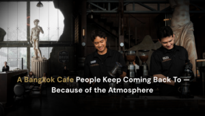 Baristas preparing specialty coffee inside Davin Cafe, a Bangkok cafe with a modern luxury atmosphere, European-inspired interiors, and a refined dining space suited for coffee moments, casual meals, and private group gatherings.