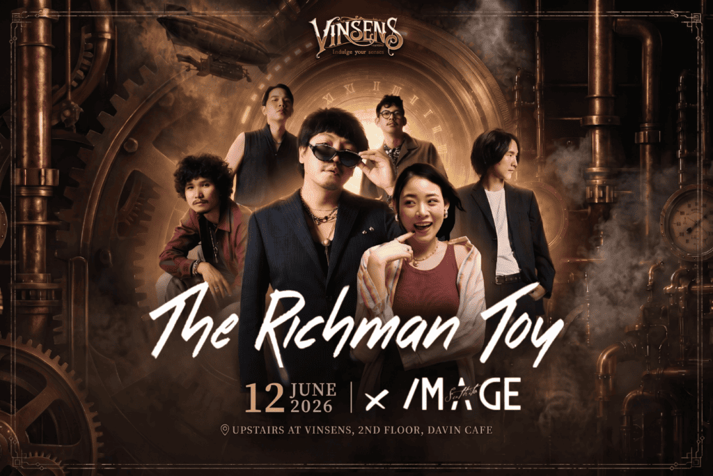 Event poster featuring Thai indie rock band The Richman Toy and female artist IMAGE Suthita for a live concert at Vinsens Bar, located on the 2nd floor of Davin Cafe on June 12, 2026.