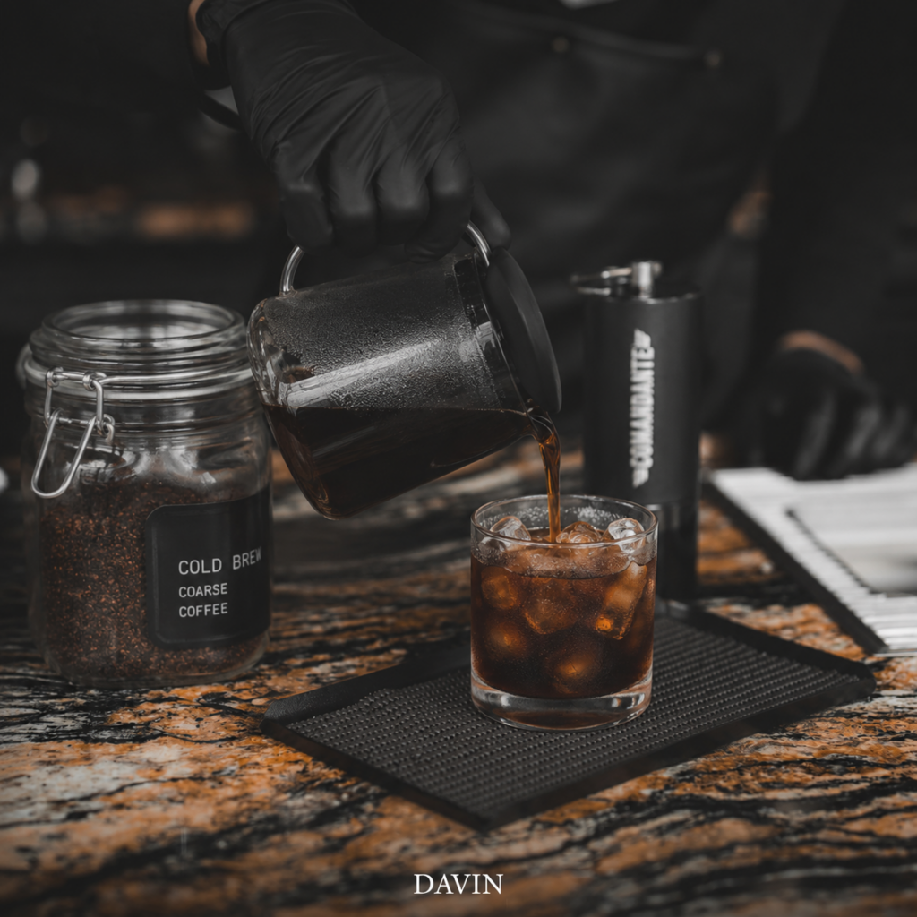 Cold Brew coffee being served at DAVIN CAFE, showcasing the slow cold extraction process that creates a smooth, naturally sweet flavor profile and complex aroma for specialty coffee enthusiasts seeking a premium cold brew experience