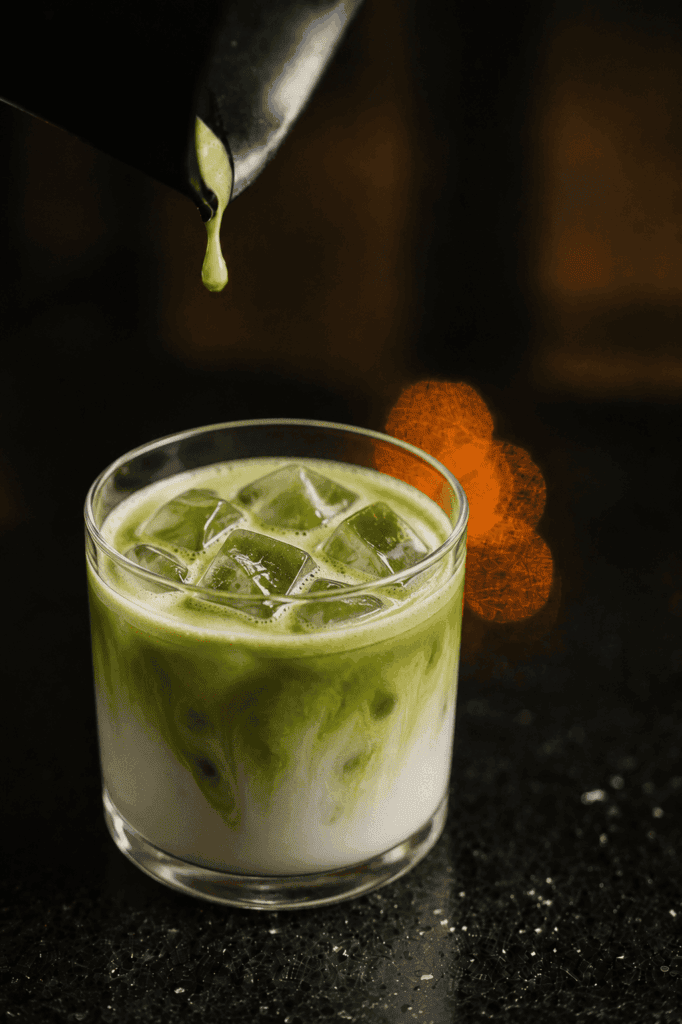 Artisan pouring ceremonial-grade Japanese matcha into a handcrafted Matcha Latte at DAVIN CAFE Bangkok, creating a vibrant green color, silky texture, and rich authentic matcha flavor in every glass.