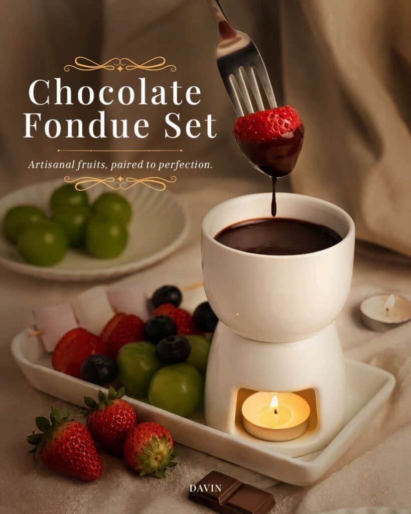 Chocolate Fondue Set เมนูช็อกโกแลตพรีเมียมของ DAVIN CAFE เสิร์ฟช็อกโกแลตอุ่นเข้มข้นคู่ผลไม้สด เหมาะสำหรับคนรักช็อกโกแลตและของหวานบรรยากาศพิเศษในกรุงเทพ