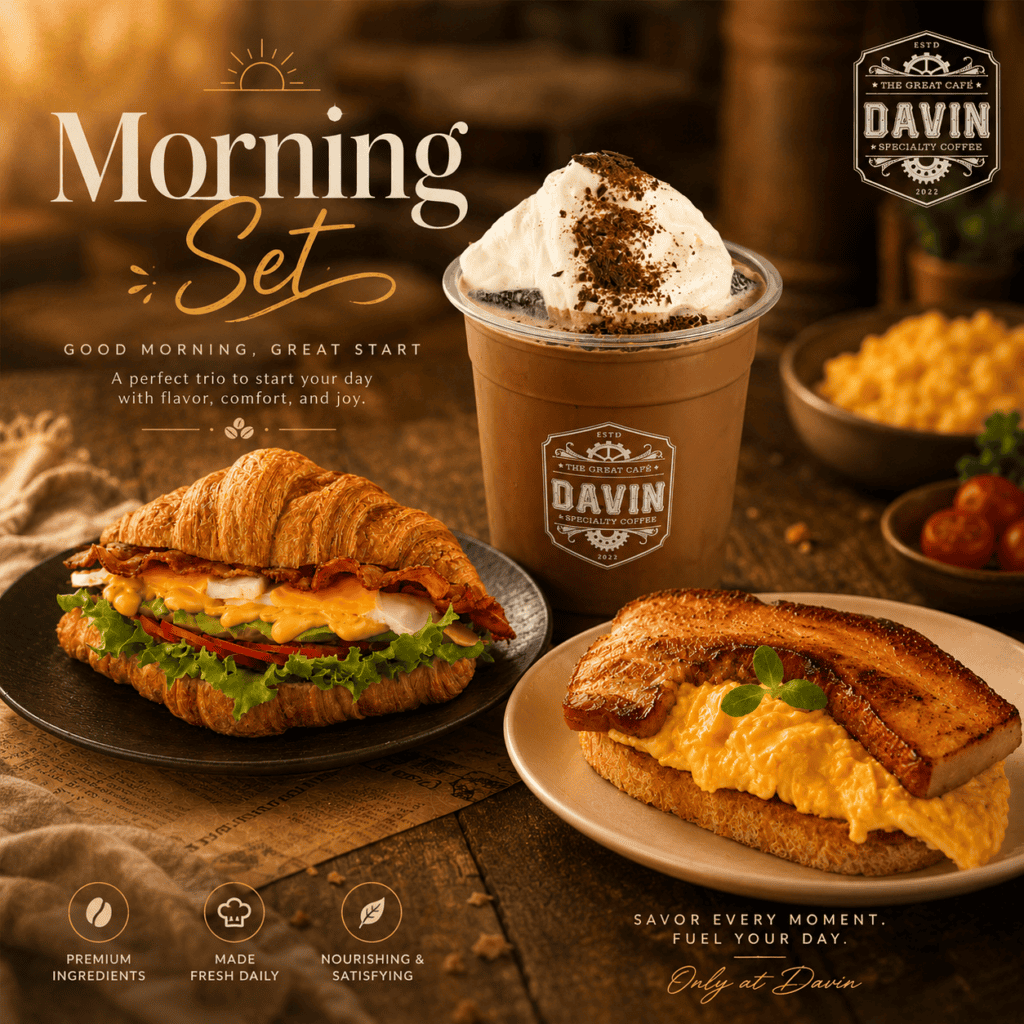 Morning breakfast set at Davin Cafe in Ramintra featuring a croissant sandwich, scrambled egg and bacon toast, and a chilled coffee drink, presented in a warm European-inspired cafe setting for a satisfying start to the day.