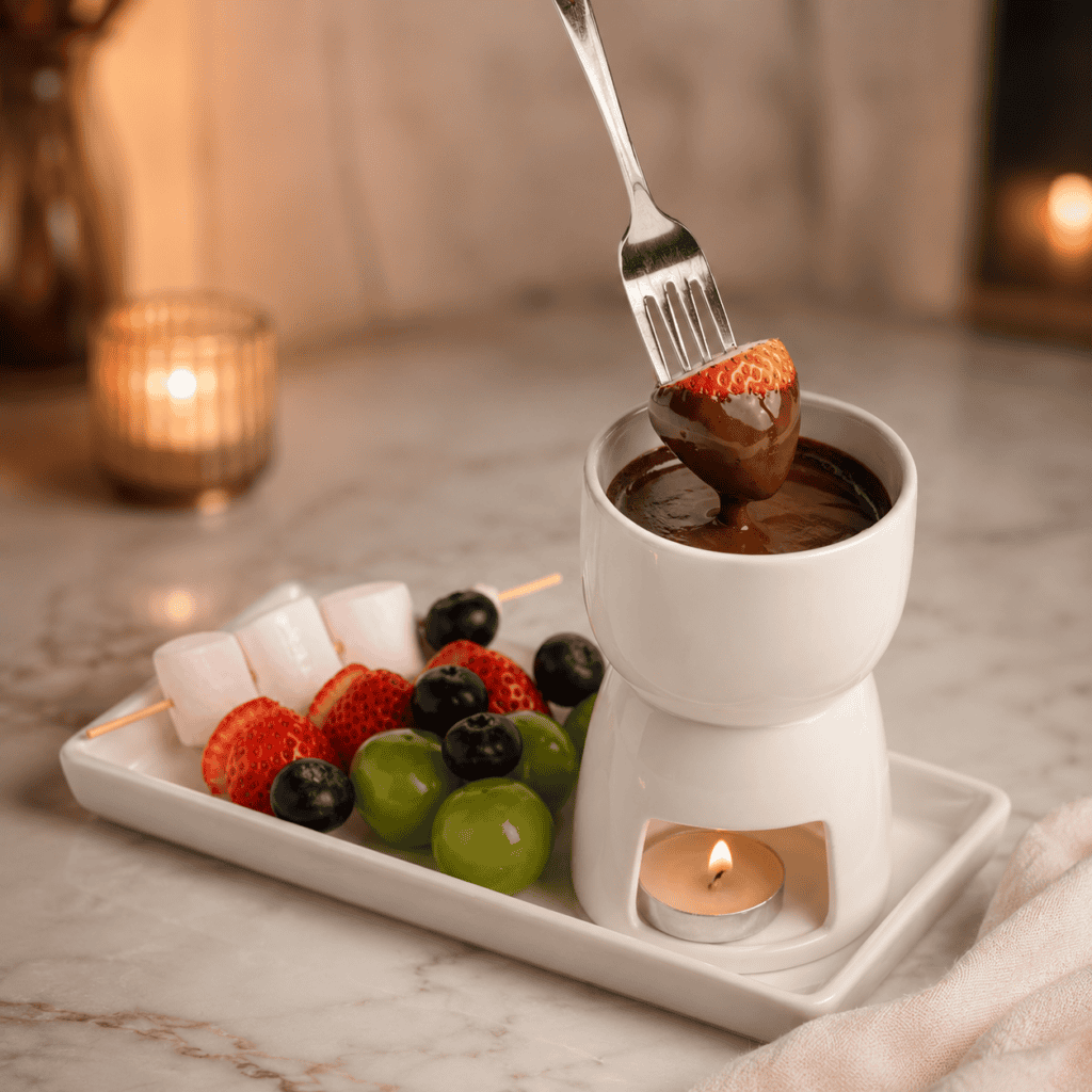 Chocolate fruit fondue at Davin Cafe with strawberries, grapes, blueberries, and marshmallows, showcasing a warm dessert cafe experience on Liab Duan Road for guests who enjoy shareable sweets, fresh fruit, and rich chocolate.
