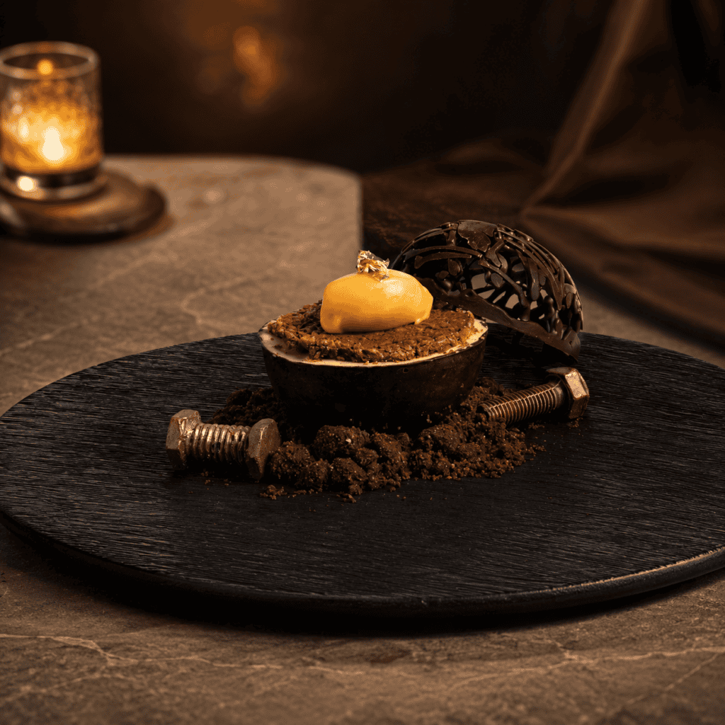 Premium chocolate mousse dessert at Davin Cafe served on a black plate with chocolate crumble, crafted chocolate shell, and golden cream topping, highlighting an elegant cake shop and dessert cafe experience on Liab Duan Road for guests who appreciate refined sweets.