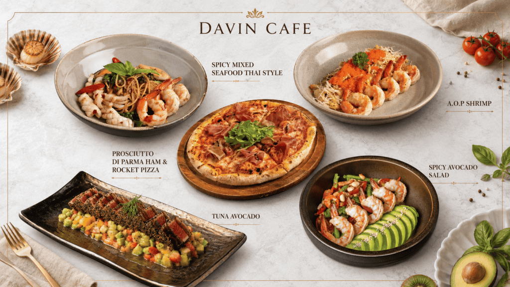 Lunch menu selection at Davin Cafe featuring seafood pasta, Parma ham pizza, tuna avocado, A.O.P shrimp, and shrimp avocado salad, designed for guests looking for a varied midday meal with cafe-style dishes, fresh ingredients, and shareable options.