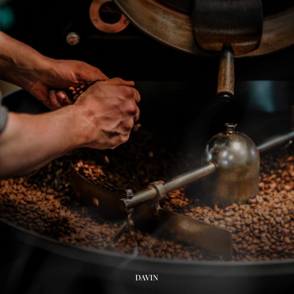 Panama Geisha specialty coffee beans being roasted and quality checked during the roasting process at DAVIN CAFE