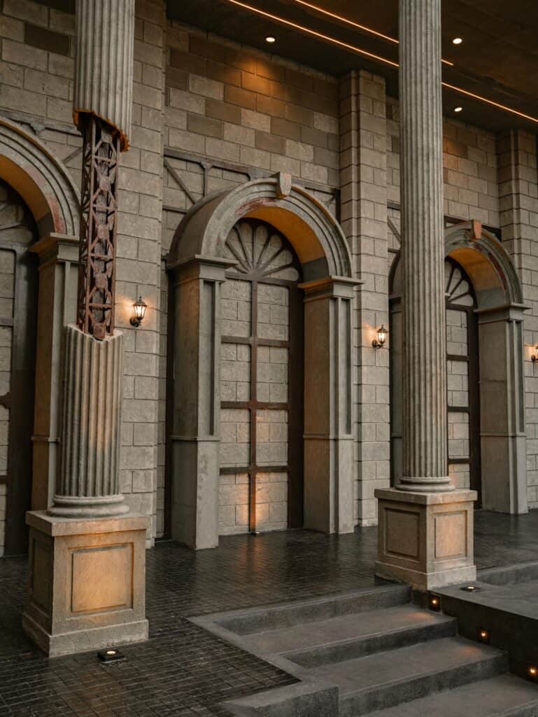 DAVIN CAFE restaurant in Pradit Manutham featuring European-style architecture and Roman-inspired columns