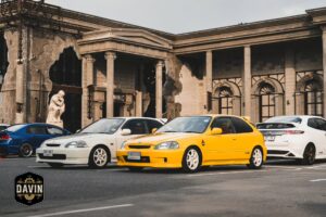 A row of Honda Civic Type R cars displayed during an automotive club gathering at Davin Cafe, a premier meetup space in Bangkok.