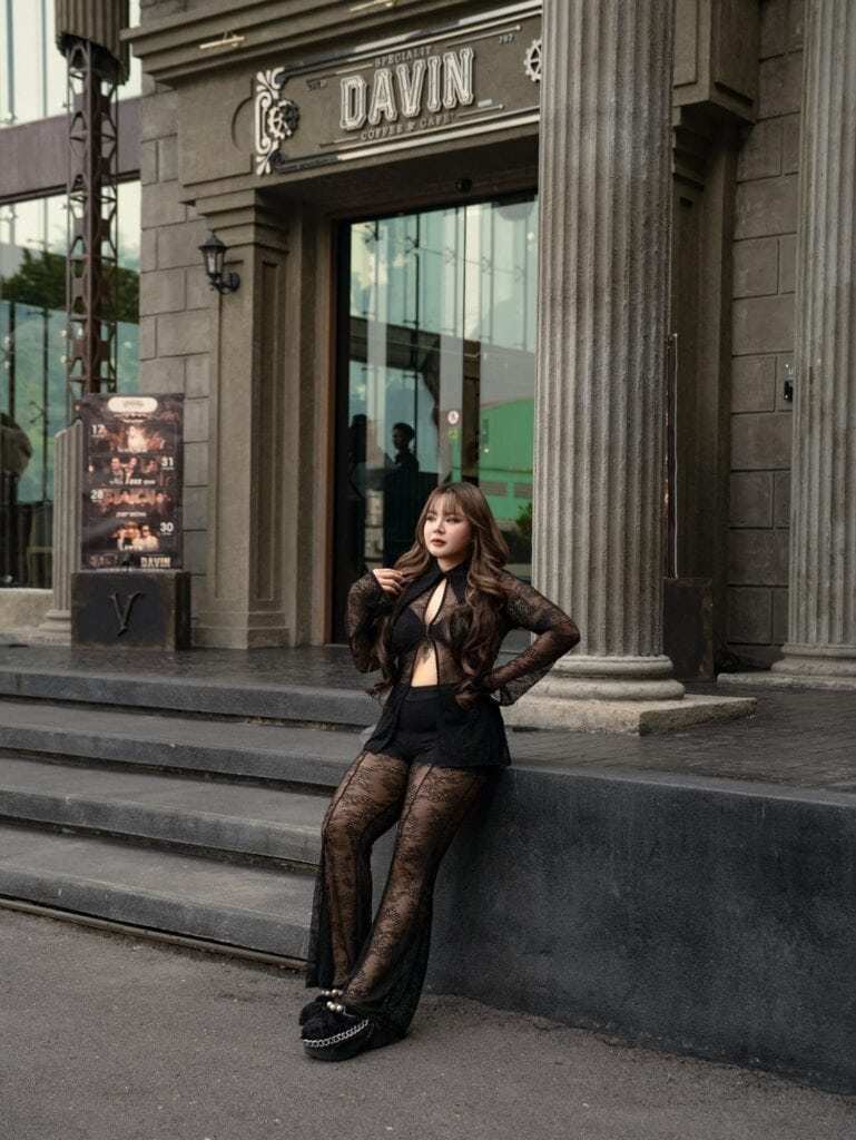 Photo cafe in Bangkok at DAVIN CAFE featuring an outdoor fashion photoshoot against classic architecture