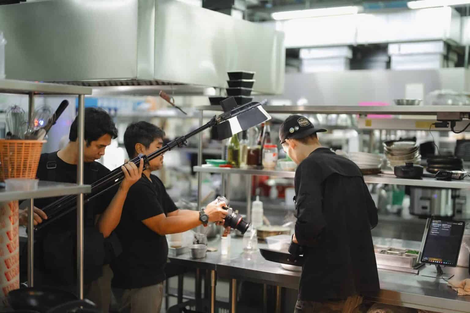 Commercial kitchen filming setup for food production at DAVIN CAFE Bangkok