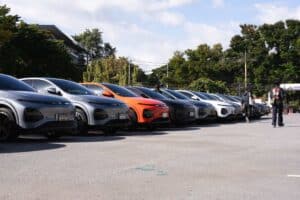 XPeng vehicle lineup at Davin Cafe for an automotive showcase in Bangkok