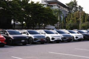 XPeng cars displayed beside Davin Cafe during a Bangkok product launch event
